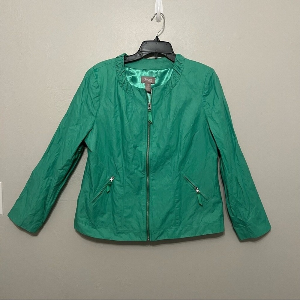Chico's Green Ruffle Collar Zip Up Jacket Size 2 Large Cotton Blend Lightweight